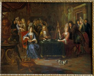 Gracze w karty Nobles grają w karty w salonie. Obraz Pierre Bergaigne (1652-1708) 1699 Arras, Musee Des Beaux Arts autorstwa Pierre Bergaigne