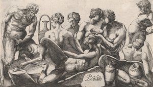 Osiem satyrów i satyres kończących posiłek, 1607-61. autorstwa Pierre Biard