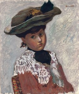 Portret młodej kobiety lub kapelusz; Portret młodej kobiety (Kapelusz), ok. 1905 (olej na płótnie położony na płycie) autorstwa Pierre Bonnard
