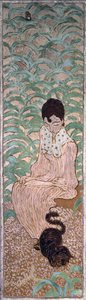Siedząca kobieta z kotem, jeden z czterech paneli Kobiety w ogrodzie, 1891 (olej na papierze na płótnie) autorstwa Pierre Bonnard