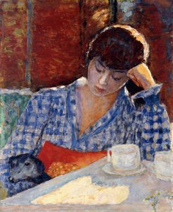 Kobieta oparta na łokciu z psem i martwą naturą autorstwa Pierre Bonnard