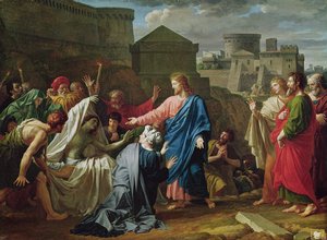 Jezus wskrzeszający syna wdowy z Naim (olej na płótnie)