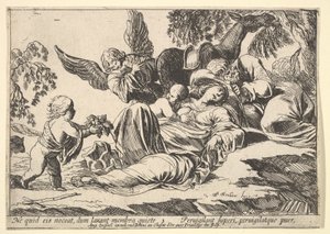 Anioły dające owoce śpiącej Świętej Rodzinie, 1610-42. autorstwa Pierre Brebiette