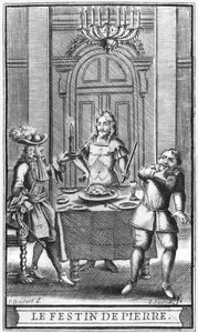 Don Juan and the Commendatore, frontispisowa ilustracja z „Don Juan, czyli Le Festin de Pierre” Moliera, sztychowana przez Jean Sauve (fl.1660-91) wydanie 1682