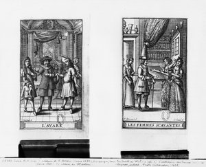 Moliere jako Harpagon, frontyspis do „Skąpiec”, 1668 i frontispis do „Uczonych dam”, 1672, autorstwa Moliera (1622–73) ryty Jean Sauve (fl.1660–91) wydany w Paryżu w 1682 r. (b