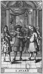 Moliere jako Harpagon, ilustracja frontispisowa z „Skąpiec” Moliera, sztychowana przez Jeana Sauve