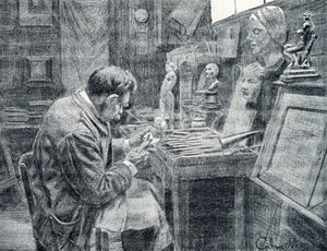 Pracownik kości słoniowej rzeźbiący kość słoniową za pomocą dłut, skrobaków i żłobień Rycina z „Excursion a travers les metiers” autorstwa Pierre Calmette Private Collection