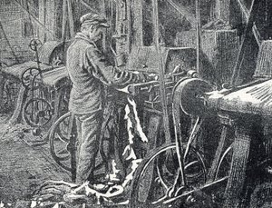 Кожевенная промышленность: механическое скашивание мехов. Гравюра из «Экскурсии по лесным фабрикам» частной коллекции Пьера Кальметта.