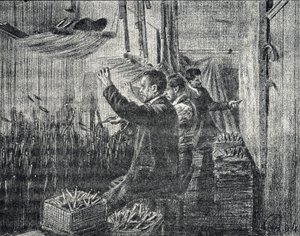 Gobelin z Aubusson: tapicerzy pracują do góry nogami Rycina z „Excursion a travers les metiers” autorstwa Pierre Calmette Kolekcja privee