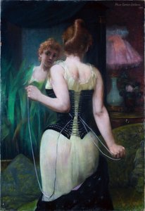 Młoda kobieta dopasowująca swój gorset - Młoda kobieta dopasowująca swój gorset - Obraz Pierre Carrier Belleuse (Carrier-Belleuse) (1851-1933)