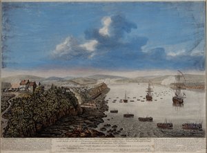 Widok miejsca lądowania nad miastem Quebec opisujący szturm... na Hauteurs DE Abraham 13 września 1759, ok. 1760 autorstwa Pierre Charles Canot