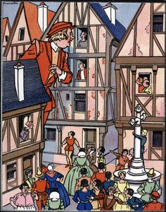 Gigant Gargantua na ulicach Chinon Ilustracja: Pierre Couselles (zm. 1938) z „Gargantua” Francois Rabelais autorstwa Pierre Courselles