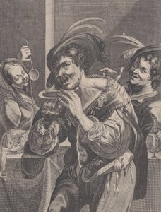 Mężczyzna pijący zupę, podczas gdy dwie osoby go obserwują, 1624-75.