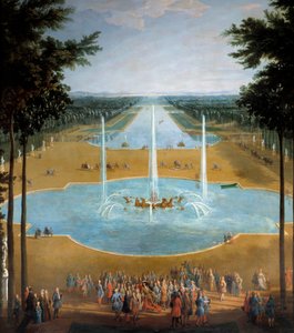 Widok na basen Apollina i Canal Grande w Wersalu w 1713 r., na pierwszym planie: król Ludwik XIV (1638-1715) ma promenadę ok. 1713 r. Fragment obrazu Pierre