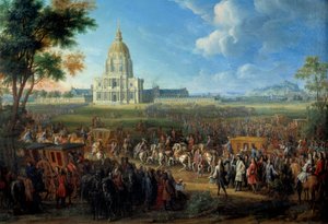 Wizyta króla Ludwika XIV w nowo ukończonym 14 lipca kościele Royal Hotel des Invalides autorstwa Pierre Denis Martin