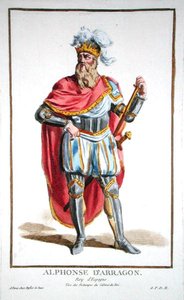 Alfonso V (1396-1458) król Aragonii i Sycylii, z „Recueil des Estampes, reprezentujący szeregi i dostojników, według stroju wszystkich istniejących narodów”, wydana w 1780 r. (ręcznie kolorowana grawerunek) autorstwa Pierre Duflos