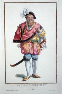 Suknia sędziego szwajcarskiego z „Receuil des Estampes, Representant les Rangs et les Dignites, według stroju wszystkich istniejących narodów”, wydanej w 1780 r. (rycina ręcznie kolorowana) autorstwa Pierre Duflos