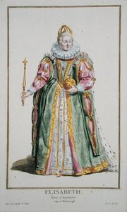 Elżbieta I (1530-1603) z „Receuil des Estampes, przedstawiającej szeregi i dostojników, według stroju wszystkich istniejących narodów”, wydanej w 1780 r. (rycina ręcznie kolorowana) autorstwa Pierre Duflos