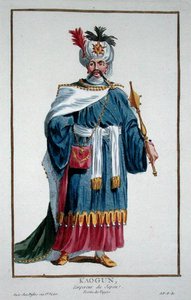 Cesarz Kaugun z „Zbioru Grafiki przedstawiającej szeregi i godności według stroju wszystkich istniejących narodów”, wydanej w 1780 r. (rycina ręcznie kolorowana) autorstwa Pierre Duflos