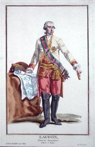 Generał Laudon (1717-90) z „Receuil des Estampes, Representant des Rangs et des Dignites, według stroju wszystkich istniejących narodów”, wydanej w 1780 r. (rycina ręcznie kolorowana) autorstwa Pierre Duflos