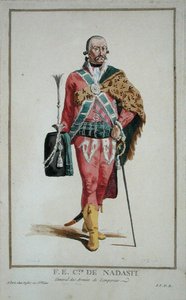 Jego Ekscelencja Hrabia de Nadasti z „Receuil des Estampes, Representant les Rangs et les Dignites, według stroju wszystkich istniejących narodów”, wydanej w 1780 r. (ręcznie kolorowane grawerowanie) autorstwa Pierre Duflos