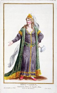 Hyu-Chen, żona Czyngis-chana, z „Receuil des Estampes, reprezentująca szeregi i dostojników, według stroju wszystkich istniejących narodów”, opublikowana w 1780 r. (rycina ręcznie kolorowana)