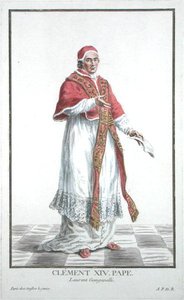 Lorenzo Ganganelli (1705-1774) Papież Klemens XIV (1769-1774) z „Receuil des Estampes, reprezentujący szeregi i dostojników, według stroju wszystkich istniejących narodów”, wydanej w 1780 r. (rycina ręcznie kolorowana) autorstwa Pierre Duflos