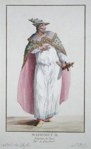 Sułtan Mahomet II (1432-81) z „Receuil des Estampes, reprezentujący szeregi i dostojników, według stroju wszystkich istniejących narodów”, wydanej w 1780 r. (rycina ręcznie kolorowana) autorstwa Pierre Duflos