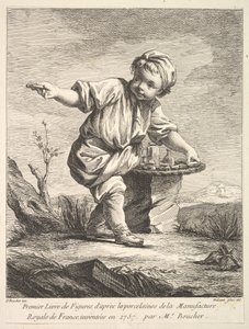 Frontyspis z małym chłopcem trzymającym koszyk, z Premier Livre de Figures daprès les po..., 1757.