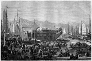 Boat des Fleurs, restauracja i miejsce zabawy w porcie Szanghaju w 1860 roku w Chinach. Grawerowanie Grandsire, w „”Le Tour du Monde, Nouveau journal des Voyages””, pod redakcją Edouarda Chartona, Paryż