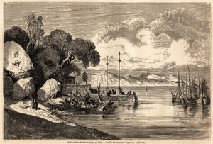 Barcadere de Macau, rysunek Grandsire ilustrujący podróż pana de Moge do Chin i Japonii w latach 1857-1858. Grawerowanie w „”Dookoła świata, nowy dziennik podróży””Paryż