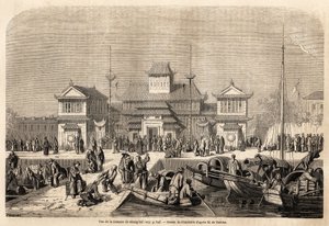 Budynek celny w Szanghaju, narysowany przez Grandsire, ilustrujący podróż do Chin i Japonii w latach 1857-1858 markiza de Moges. Grawerowanie w „”Le tour du monde, nouveau journal des voyages””Paryż