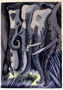 Mogli chowa się na grzbietach słoni. Rudyard Kipling „Księga dżungli” autorstwa Pierre Falke