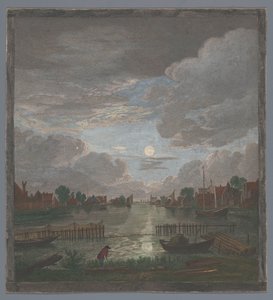 Widok na kanał w pobliżu miasta Haarlem w świetle księżyca Vûe du canal proche de Haerlem (tytuł na obiekcie) autorstwa Pierre François Basan