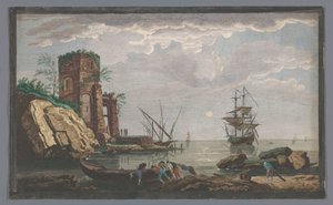 Widok na wybrzeże w pobliżu miasta Tulon przy świetle księżyca Vüe ​​des environs de Toulon (tytuł na obiekcie) autorstwa Pierre François Basan