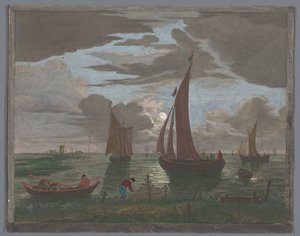 Widok na wybrzeże ze statkami i łodziami na wodzie przy świetle księżyca 1er. Clair de lune (tytuł na obiekcie) autorstwa Pierre François Basan