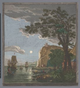 Widok na wybrzeże ze statkami i łodziami na wodzie przy świetle księżyca La pleine lune (tytuł na obiekcie) autorstwa Pierre François Basan