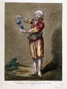 Sprzedawca kawy przy ulicach, „Zbiór 100 grafik przedstawiających różne narody Lewantu w latach 1707 i 1708” na rozkaz M. de Frriola, ambasadora króla przy Porte i aktualizowany w latach 1712-13 dzięki opiece M. Le Hay, grawer Basan, Par autorstwa Pierre François Basan