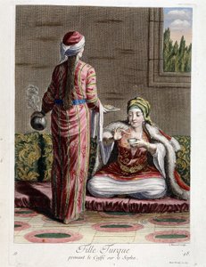 Turecka dziewczyna pijąca kawę na sofie, „Zbiór 100 grafik przedstawiających różne narody Lewantu w latach 1707 i 1708” na polecenie M. de Frriola, ambasadora króla przy Porte i aktualizowana w latach 1712-13 przez opiekę M. Le Hay, Basan engra