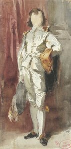 Stojący chłopiec w kostiumie Van Dycka, przyciśnięty do czerwonej zasłony
