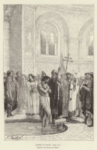 Chrzciciel Rollona. Chrzest Rollo, pierwszego władcy Normandii, c911 (rycina)