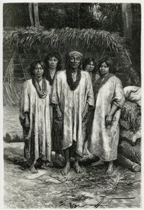 Główne typy Lacandon i Lacandon, Majowie żyjący w dżunglach Chiapas (Meksyk). Grawer P.Fritela, ilustrujący opowieść „Podróż na Jukatan i do krainy Lakandonów”, 1882, autorstwa Desire Charnay (1828-1915) archeologa i fotografa