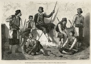 Krivoscianie, alpiniści z Bouches de Cattaro (lub Kotor, zatoka na zachodnim wybrzeżu Czarnogóry), broń, aby oprzeć się sile wkroczenia wojsk austriackich. Grawerowanie według rysunku P.Fritela, aby zilustrować podróż do Dalmacji, autorstwa C