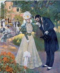 Belle epoque: „Seks z ręki”: mężczyzna witający kobietę na przyjęciu. Ilustracja Jeanniota do „Le Figaro illustrious”” Początek XX wieku Paryż, Sztuka dekoracyjna