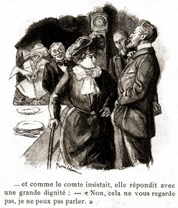 "Boule de Suif": Elisabeth Rousset odmawia odpowiedzi hrabiemu, początek XX wieku (ilustracja) autorstwa Pierre Georges Jeanniot