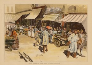 Marchandes de quatre saisons na Rue du Faubourg Saint-Denis, Paryż (kolorowa litografia) autorstwa Pierre Georges Jeanniot