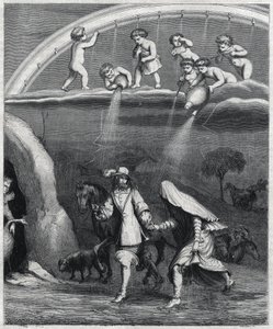 Enee i Didon zaskoczeni deszczem w lesie. Ilustracja „”Transwestyty Wergiliusza”” Paula Scarrona (1610-1660), parodia „L