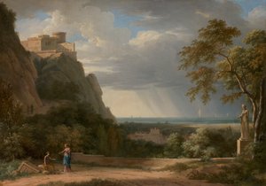 Klasyczny krajobraz z postaciami i rzeźbą autorstwa Pierre Henri de Valenciennes