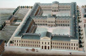 Hospicjum w Brukseli, z „Choice of the Most Outstanding Monuments, Buildings and Houses of the Kingdom of the Netherlands” Pierre Jacques Goetghebuer, grawerowane przez H.L.F. Partoes, opublikowane 1827 (akwatinta)