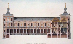 Przekrój zamku w Ronse, Belgia, z „Wybór najbardziej niezwykłych zabytków, budynków i domów Królestwa Niderlandów” Pierre